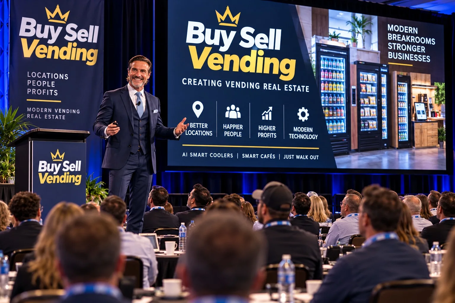 Brandon Brooks speaking on stage in front of a Buy Sell Vending screen