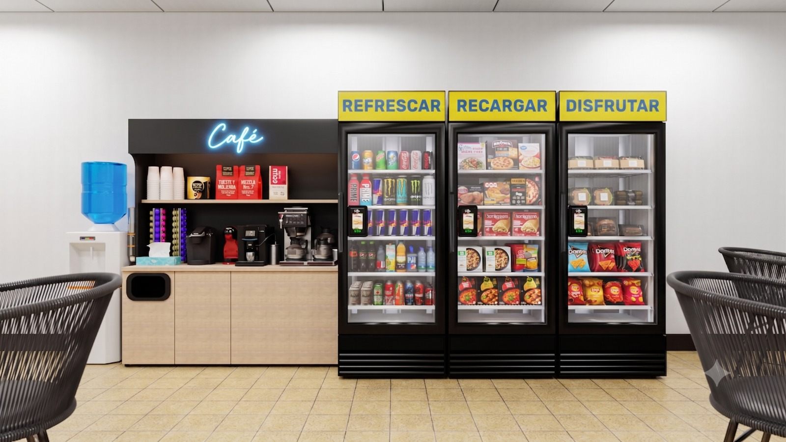 Café corner with three smart vending coolers