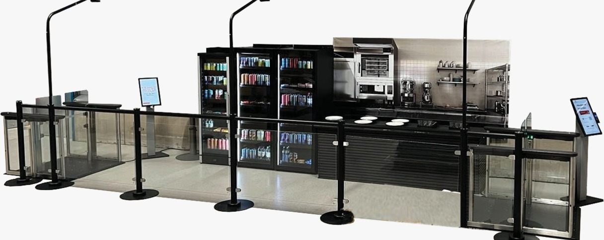 Self-checkout micro market with coolers and gates