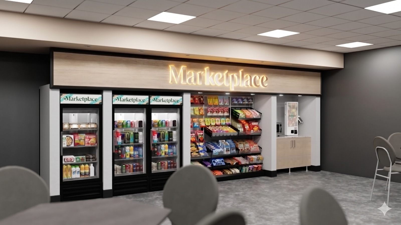 Micro market with fridges, snack racks and a self-checkout kiosk
